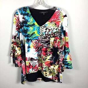 CALESSA TOP ARTSY  COLORFUL ABSTRACT PULLOVER 3/4  BELL SLEEVE WOMEN'S SZ S NWT
